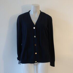 Womens Adam Lippes 100% Wool Navy Blue Button Down Cardigan Sweater W/Netting L